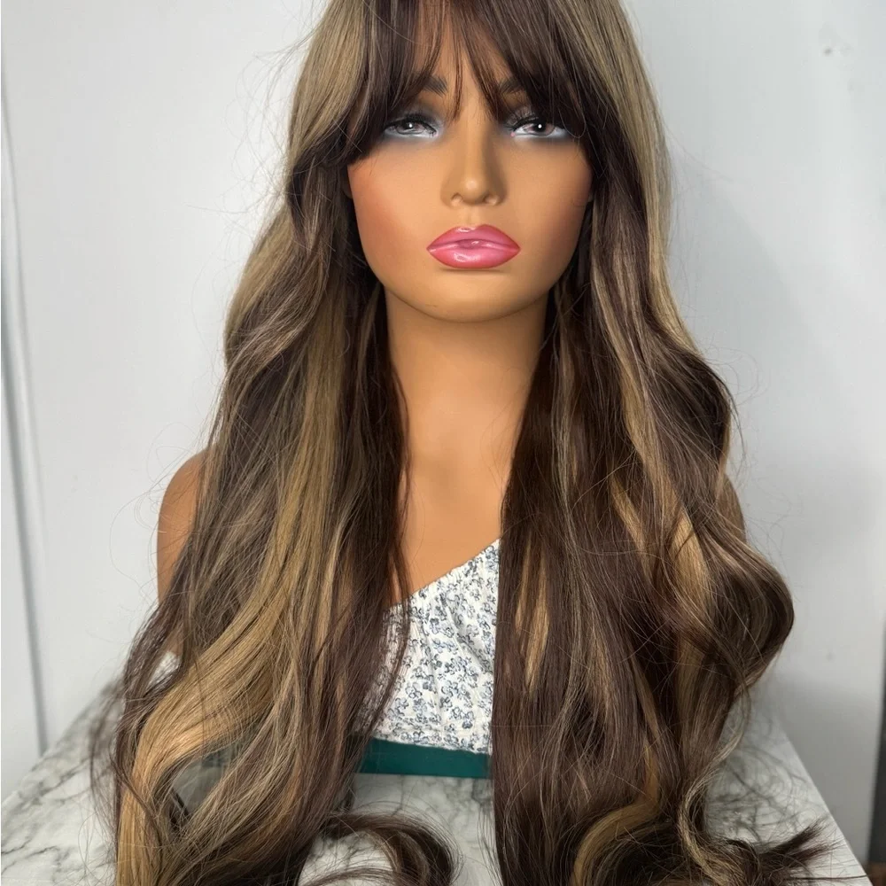 Long Layered Brunette Wig with Honey Blonde Highlights | Soft Waves